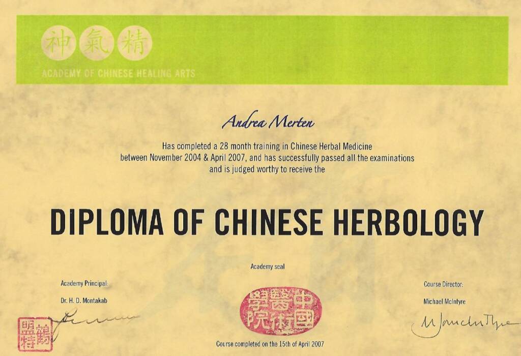 Andrea Merten Diploma of Herbology Academy of Chinese Healing Arts